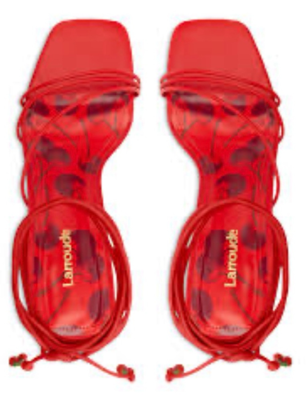 Larroude red cherry print strappy sandals with a square toe. Lace-Up Sandals 6.5